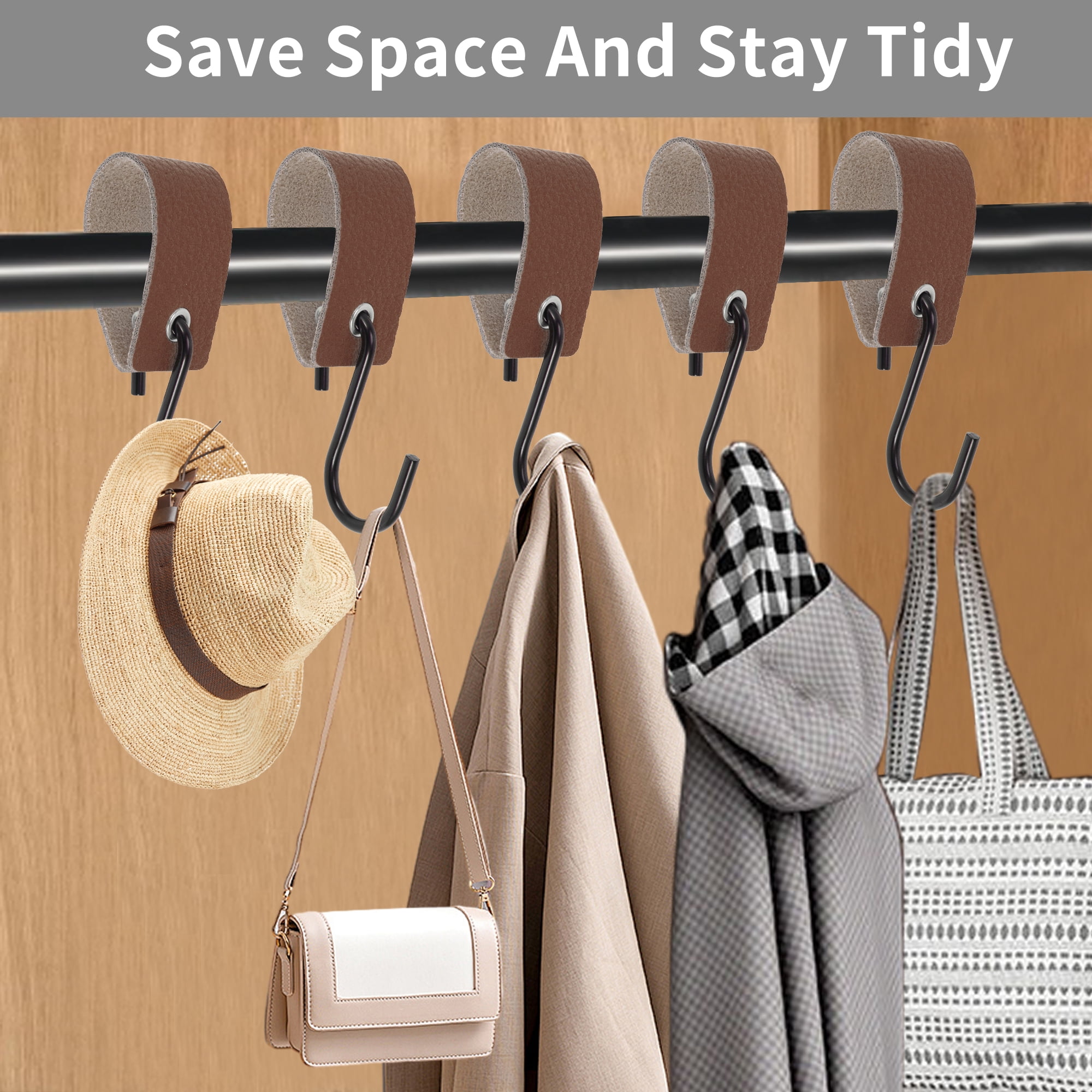 Unique Bargains Pack of 5 S Hooks with Leather Loop for Wardrobe Deep Brown