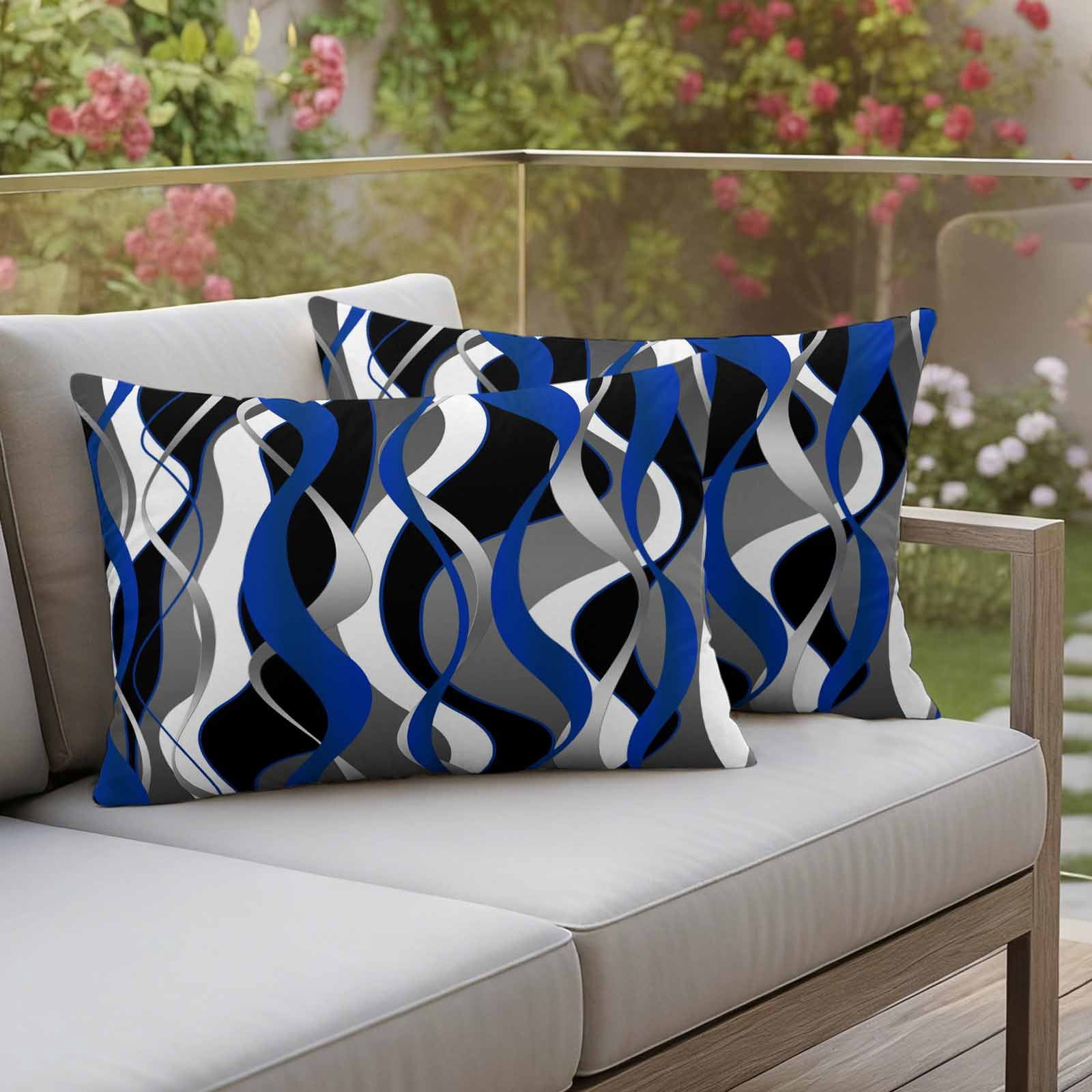 Blue Black Stripes Outdoor Waterproof Pillow Covers, Modern Abstract Ombre Grey White Lines Decorative Rectangle Throw Pillowcase Sofa Cushion Sham for Patio/Couch/Chair, 20"x12" 2 Pack