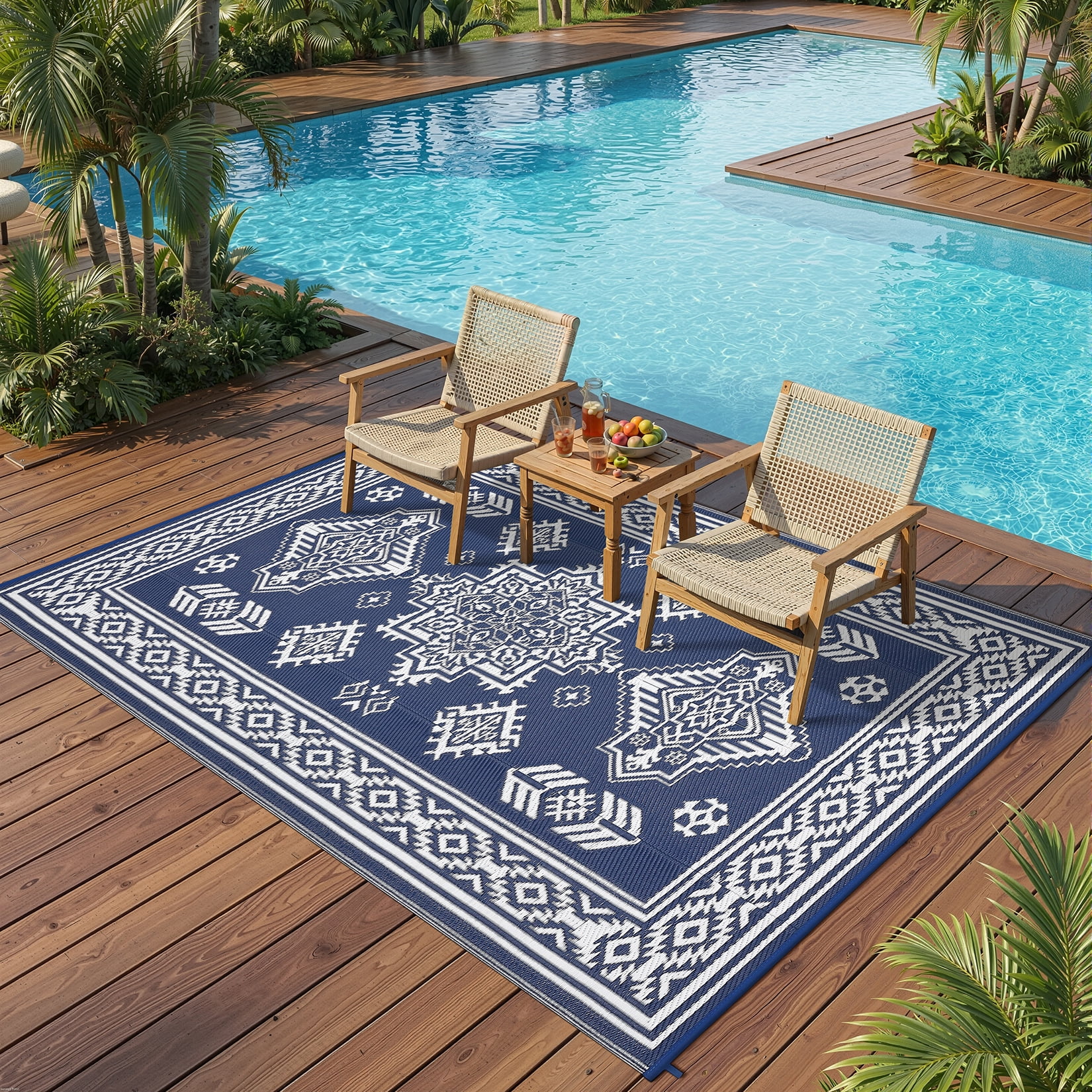 Nanan 9'x18' Indoor Outdoor Rug Boho Waterproof Plastic Straw Patio Rug, Reversible RV Camping Carpet for Backyard, RV, Deck, Porch, Balcony, Dark Blue