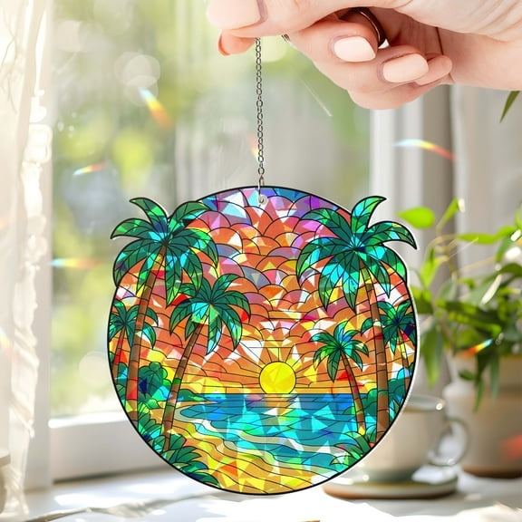 Lotusprinthandmade Palm Trees with Colorful Sunset Custom Shape Broken Glass Hologram Ornament 3.5in – Palm Trees with Colorful Sunset Hologram Ornament