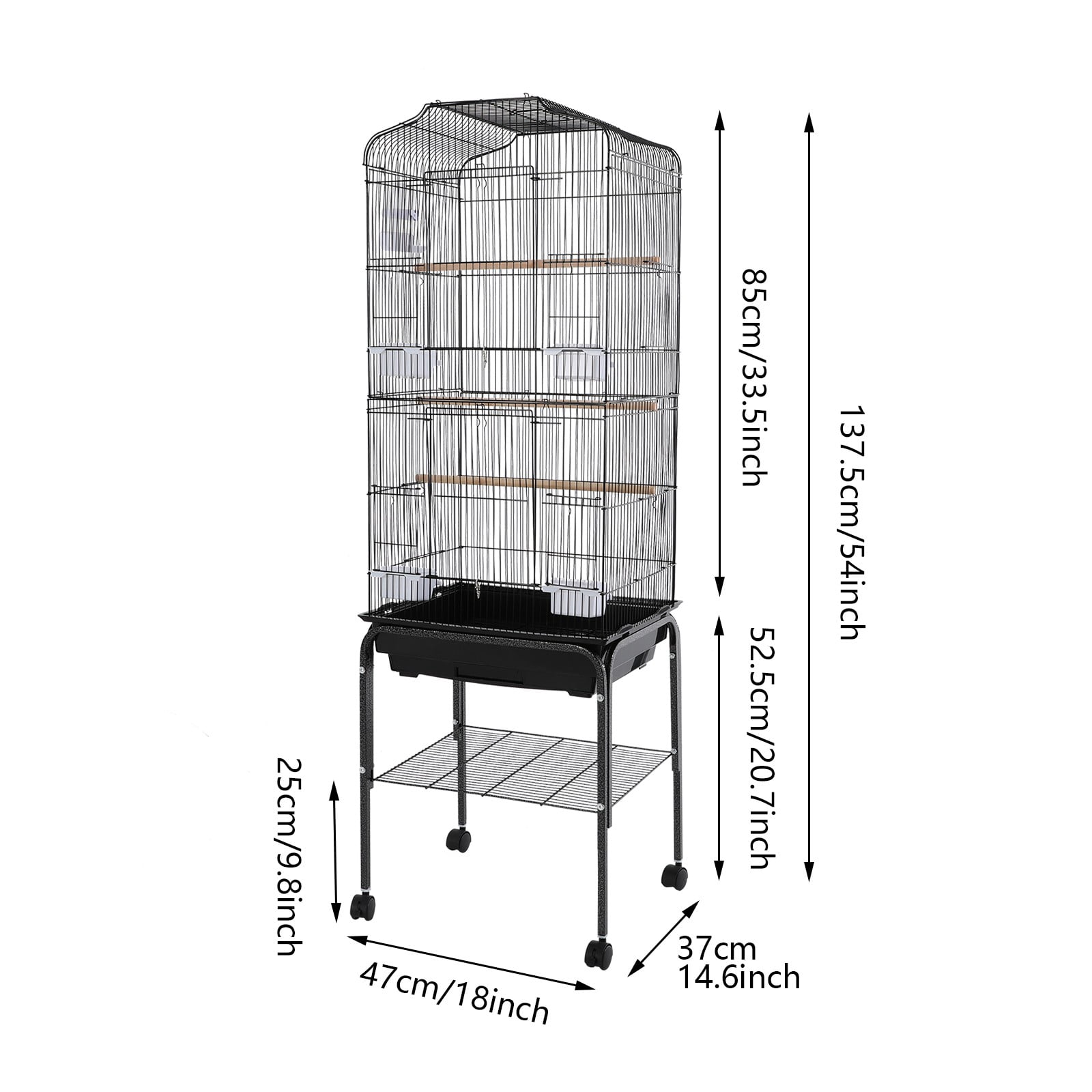 Large Birdcages, 29.5 Inch Height Black Parrot Bird Cage with Stand, Ventilation Structure & Horizontal Bars for Safe Climbing, Easy Observation Design for Small Medium Pet Birds