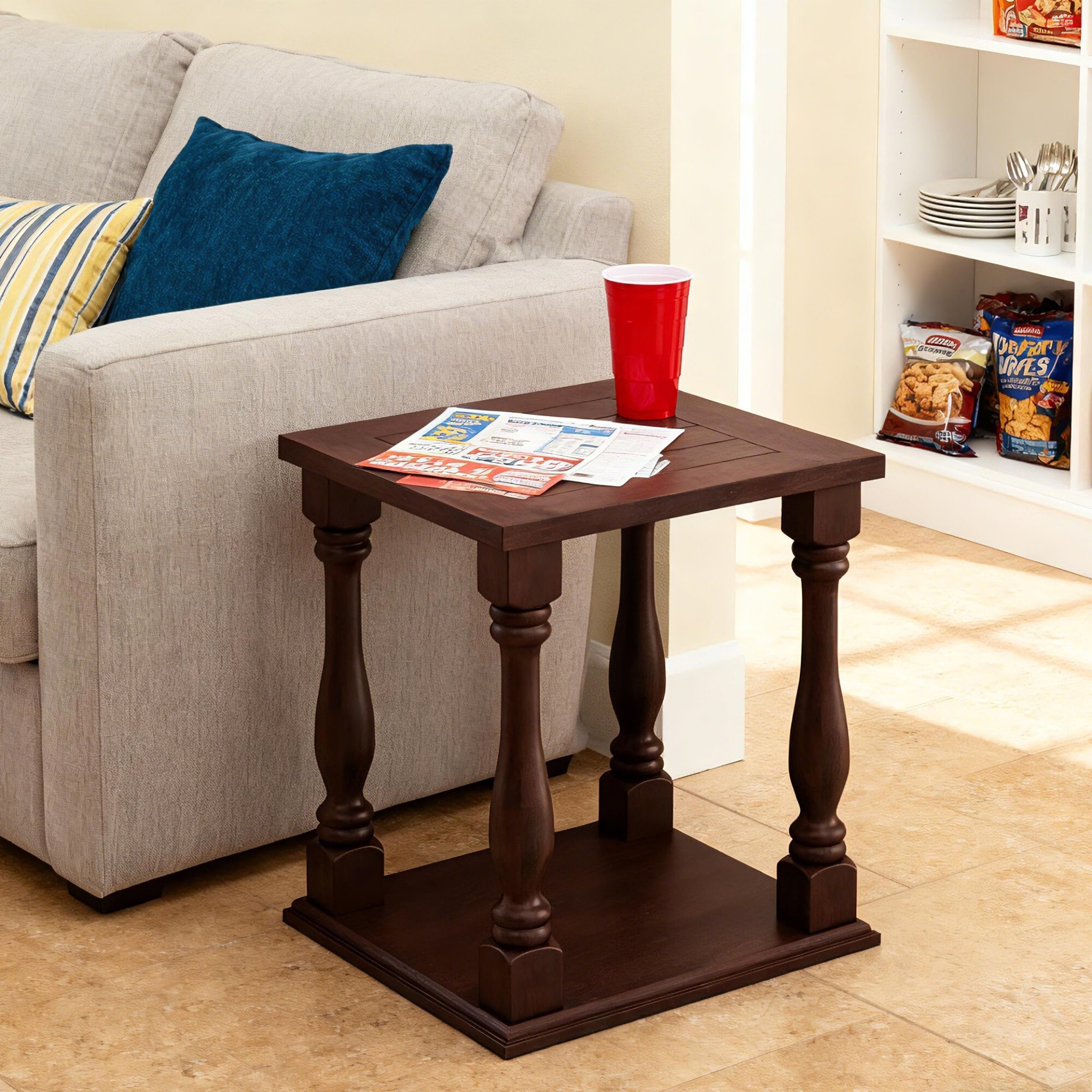 AENKYO Hand-Brushed Glaze Vintage End Table - Solid Wood Legs, 2-Tier Storage, for Bedroom & Living Room, Dark Walnut