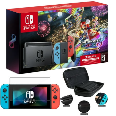 Nintendo Switch with Neon Blue and Neon Red Joy-Con + Mario Kart 8 Deluxe (Full Game Download) + 3 Month Nintendo Switch Online Individual Membership - Christmas Holiday Gift- 3-in-1 Carrying (Best Selling Switch Games)