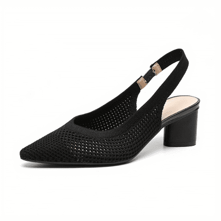 

HYYANGUWENTI Breathable Women‘s Chunky Heeled Knitted Solid Color Slingback Sandals with Pointed Toe and Elastic Strap Comfortable Fashionable Shoes for Ladies