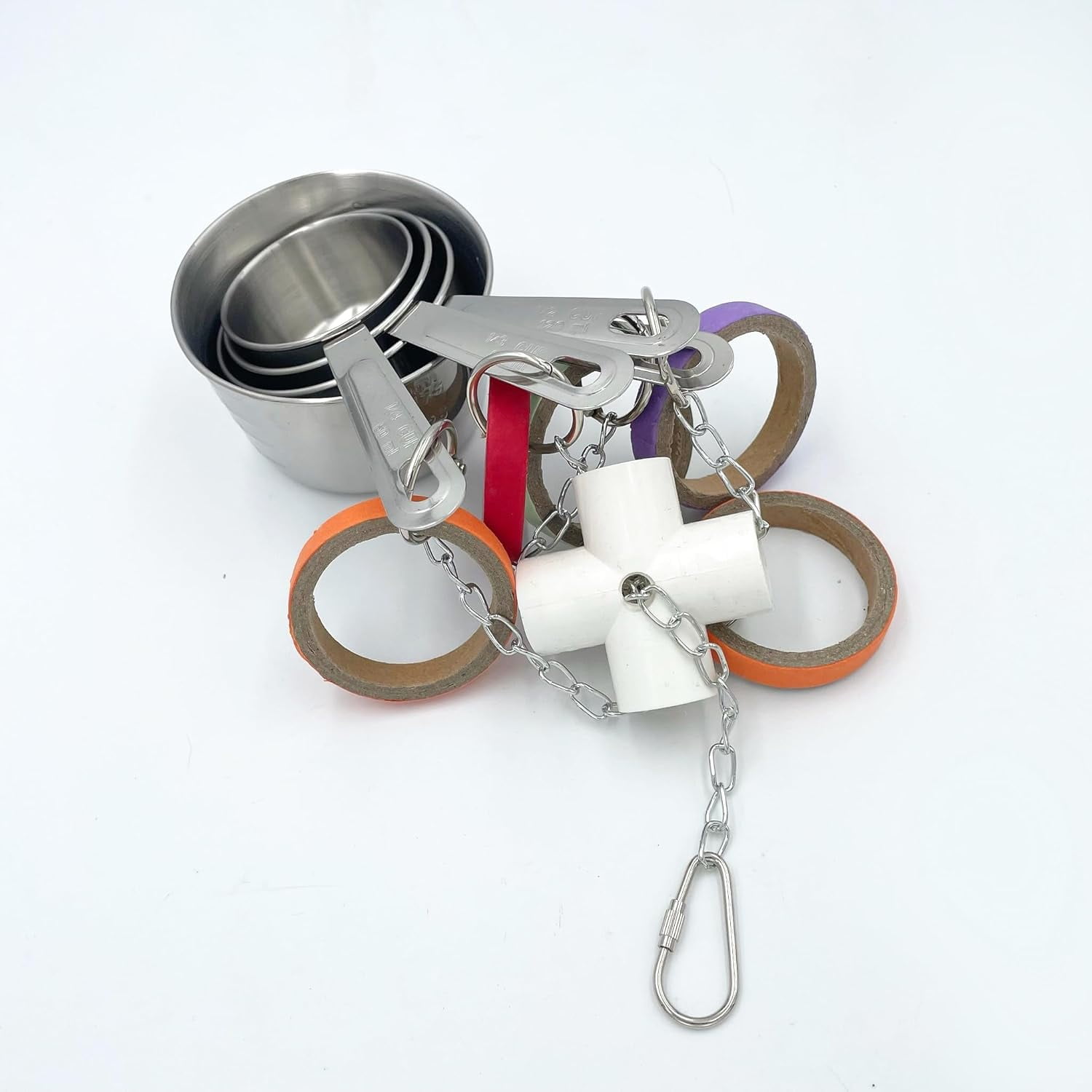 Durable Bird Parrots Toys, Pullable Stainless Steel Cup and Cardboard Ring Toys for Amazons Macaws African Greys Cockatoos Eclectus