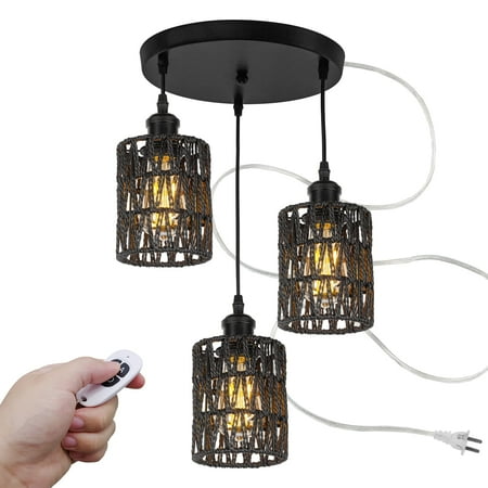 

FSLiving 3-Lights Adjustable Pendant Light 15ft Plug-in Cord Remote Control Ceiling Lamp Close to Ceiling Lights Fixtures Black Natural Rattan Pendant Light for Kitchen Island Roof Dining Room