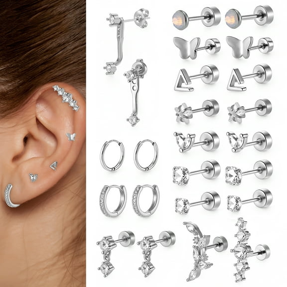 Bocaoying 12 Pairs Hypoallergenic Flat Back Earrings, Cartilage Earring Sets for Multiple Piercing, Stainless Steel Earrings for Women Men Trendy Earring Stacks, Small Hoop Flat Back Stud Earrings