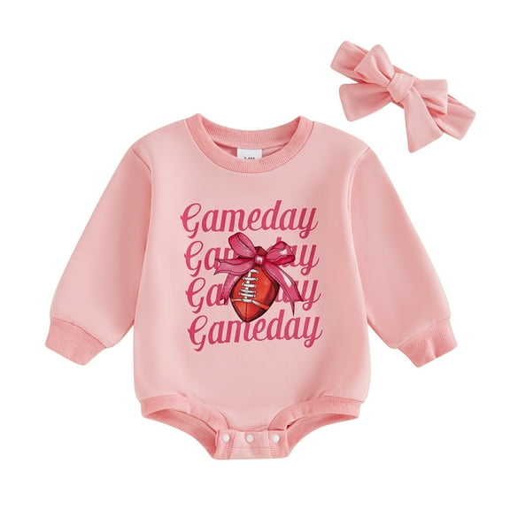 Aojekbee 2-Piece Baby Girls Set Football Letter Bow Print Long Sleeve Sweatshirt Romper Headband Adorable Outfits