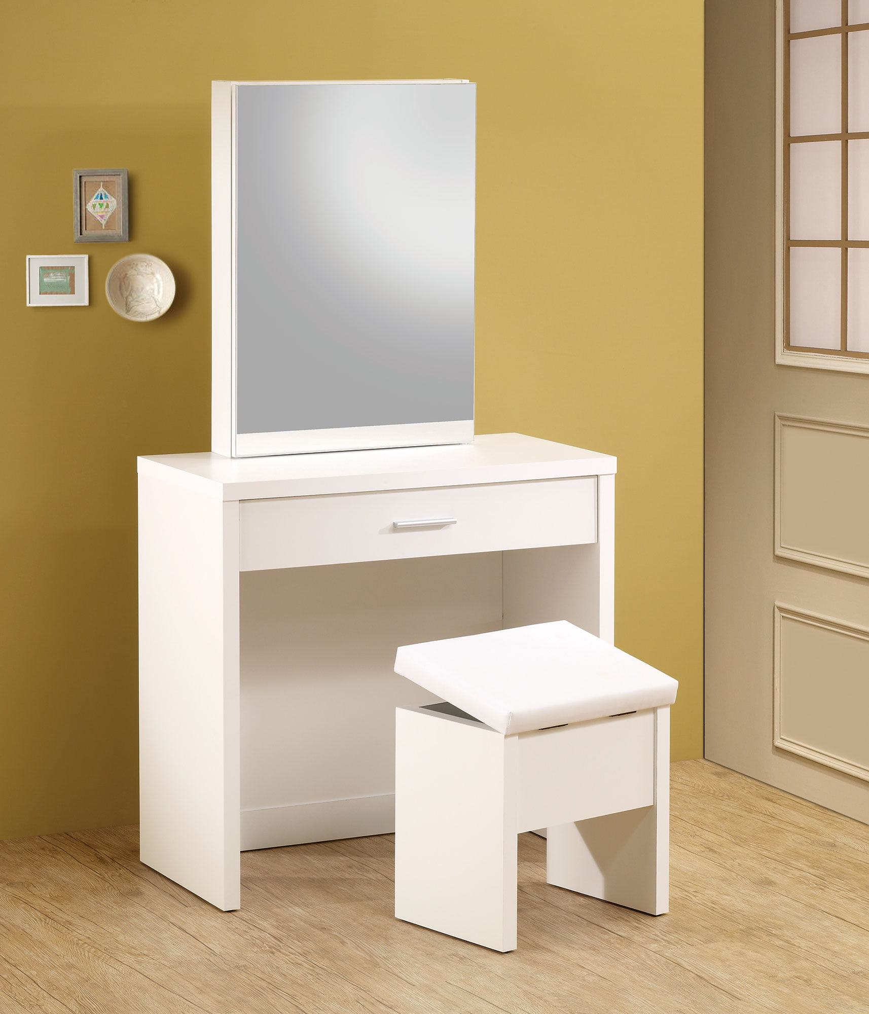 Glossy White Vanity Makeup Table Set, Contemporary White Vanity Table