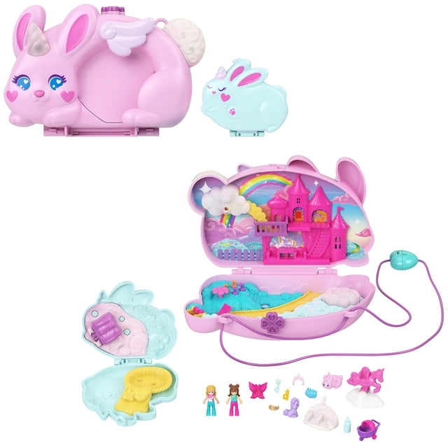 Polly Pocket 2-in-1 Bunny Fun Compact, Wearable Purse Playset with 2 Dolls & 12 Accessories Including Pets