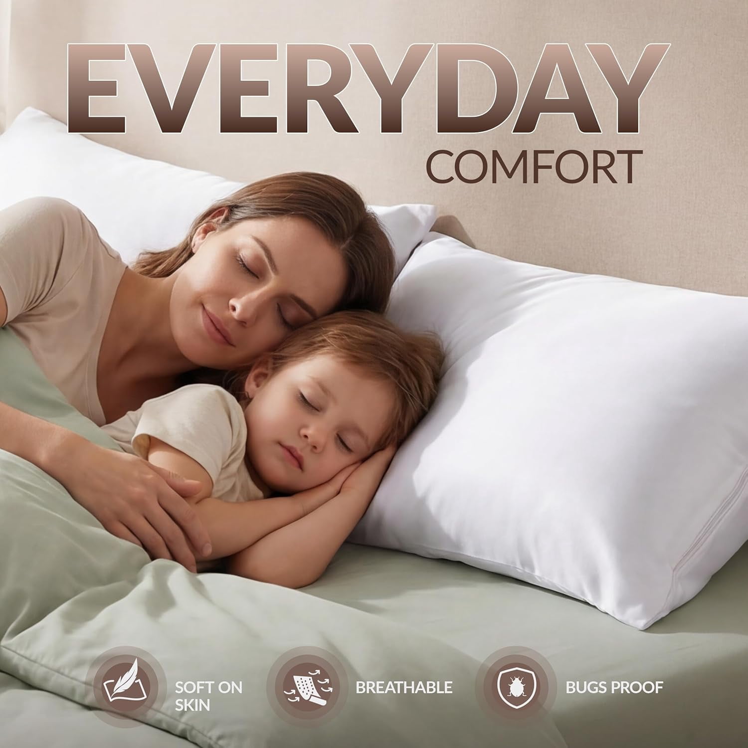 Beddora Queen Size Pack of 2 Waterproof Zippered Pillow Protectors 20" x 30" – Bed Bug & Dust Mite Proof Encasements, Soft Noiseless Pillow Covers