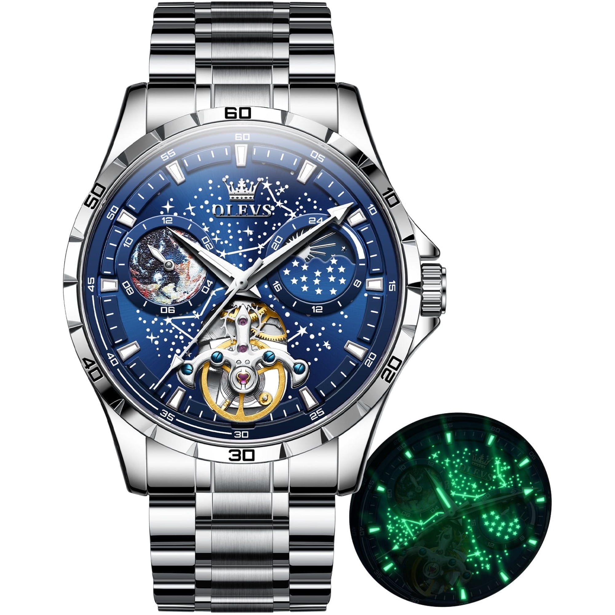 OLEVS Automatic Watches for Mens Starry Sky Skeleton Tourbillon Self Winding Mechanical Moon Phase Luminous Waterproof Luxury Dress Mens Wrist Watches Gifts Reloj Para Hombre Black/Blue/Green