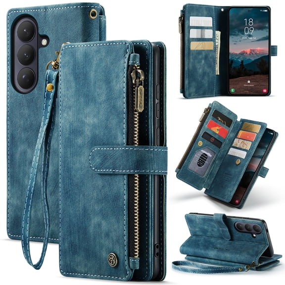 ELEHOLD for Samsung Galaxy S26 Wallet Case, Premium Leather Shockproof Purse Credit Card Slots Zipper Pocket Cover with Anti-Loss Wriststrap for Men Women ,Blue