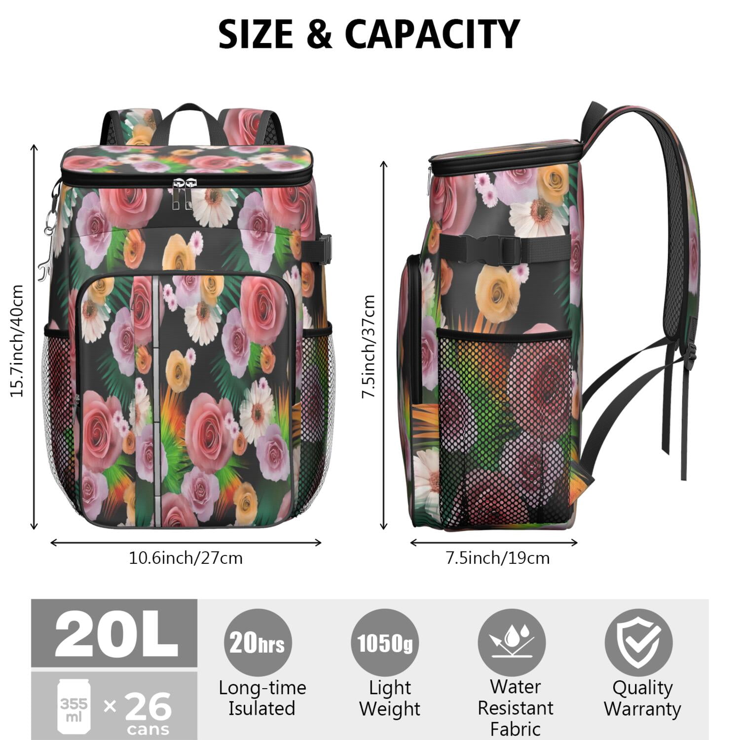 Travel Cooler Bag - Pioneer Flower Floral Print Pattern Camping Beer Cooler Backpack with Bottle Opener- Waterproof Insulated Picnic Backpacks - Cooler Bag for Beach