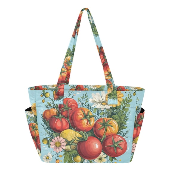 FORMRS Tote Bag for Women Quilted Large Capacity Travel Work Carry On Shoulder Handbag, Orange Floral Tomatoes