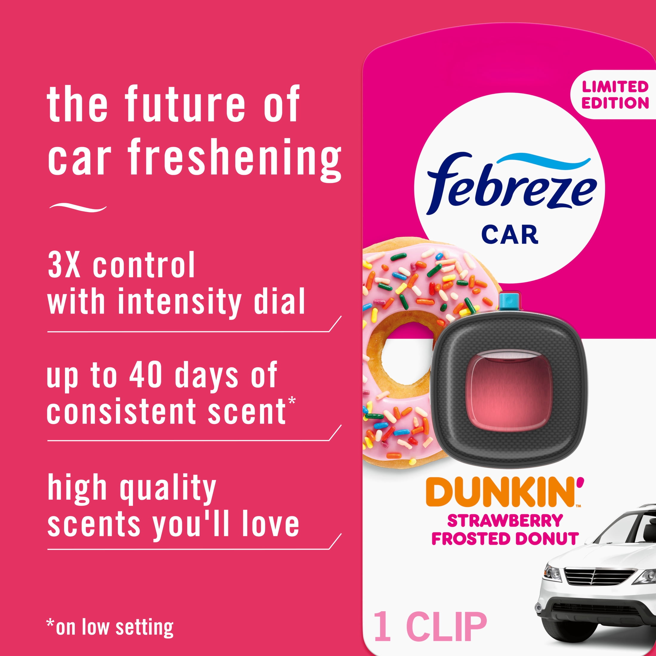Febreze Dunkin' Car Air Freshener, Odor-Fighting Automotive Vent Clip, Strawberry Frosted Donut, 1 count