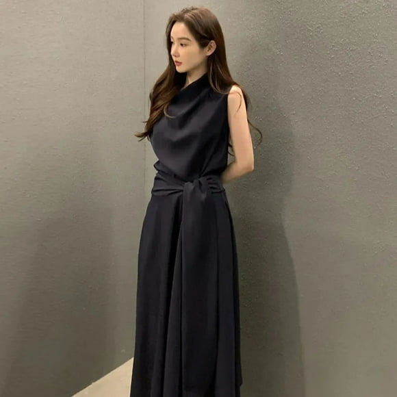 Korean Chic Sleeveless Midi Dress Spring Elegant Hepburn Style Pile Nock Lace-Up A Line Dress Lady Fashion Loose Casual Clothes QZX