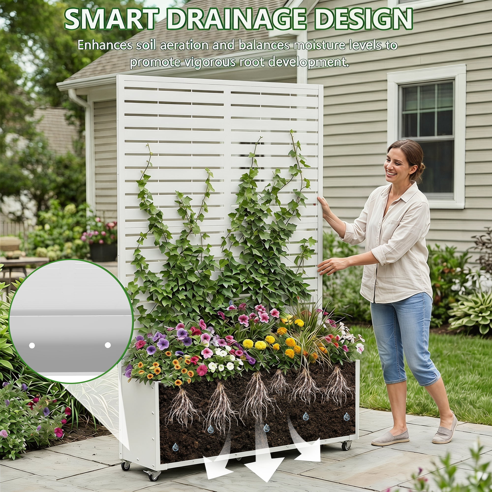 FOOWIN 71" H Metal Planter with Trellis and Wheels  Set of 2, Outdoor Raised Garden Bed for Climbing Plants, Trellis Planter Box with Drainage Hole, White