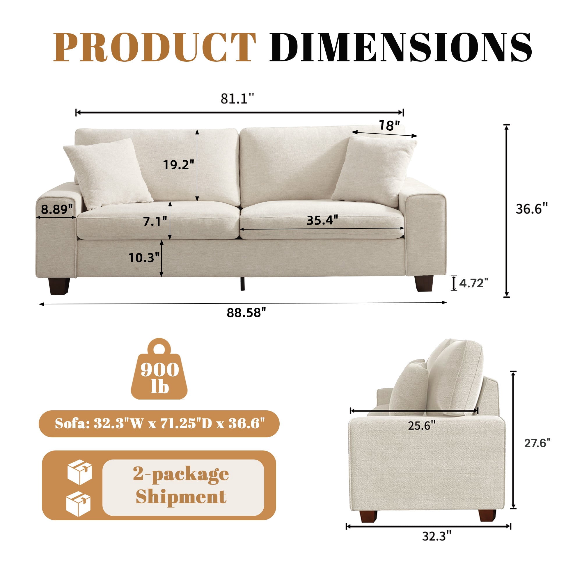 Poshby 88.58''W 3 Seater Sofa Couch with Chenille, Modern Square Arm for Living Room, Beige