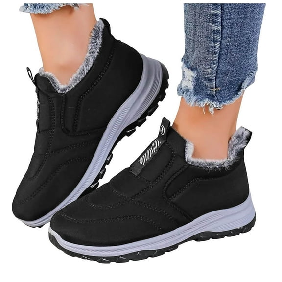 Rokment Womens Slip on Walking Snow Boots for Mom Seniors Cold Weather Non Slip Warm Fleece Lined Comfortable Nursing Work Winter Ankle Booties Black Size 6
