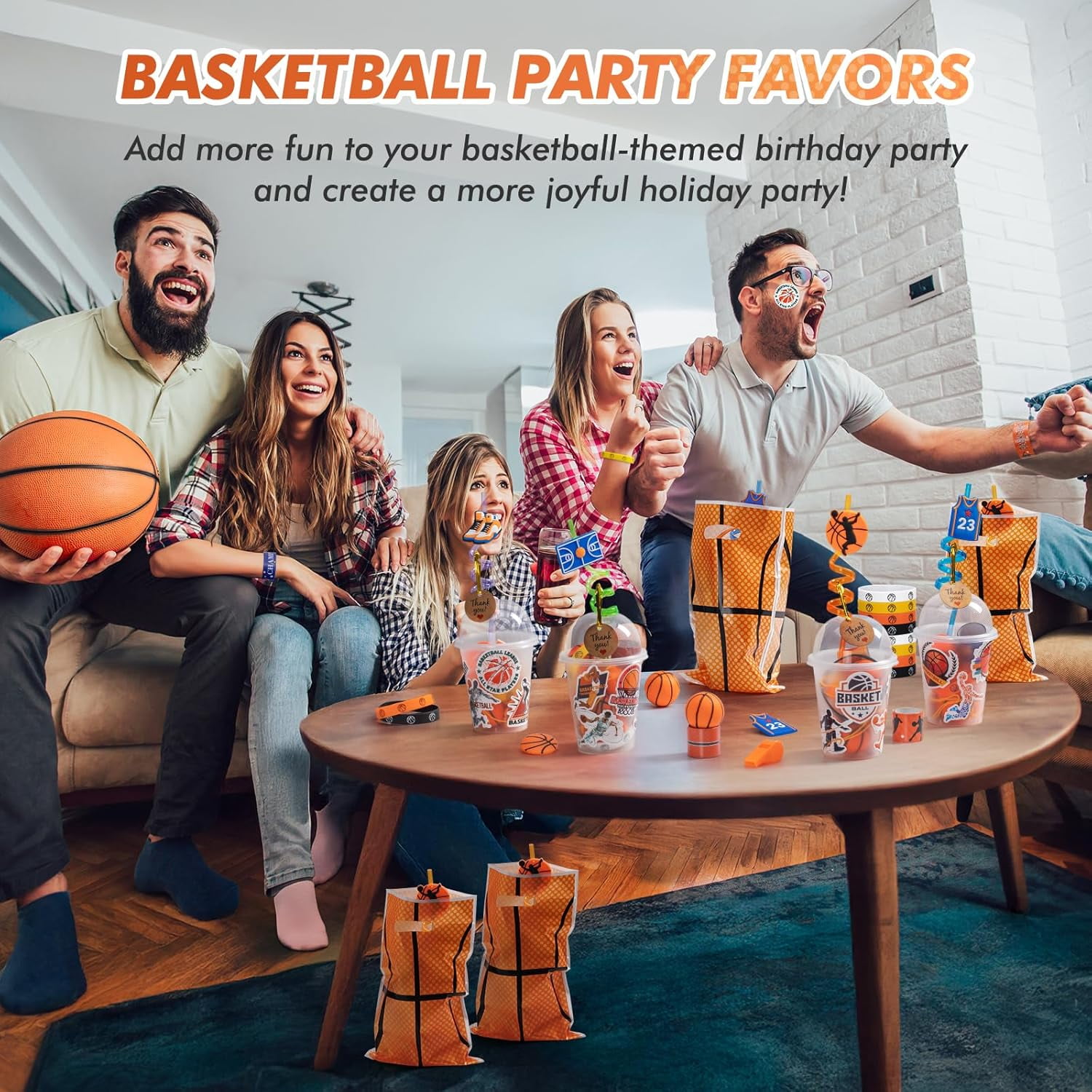 170 Pcs Basketball Party Favors Pack with Cups Straws Stress Ball Silicone Wristbands Slaps Bracelets Keychains Stickers Whistles Thank You Tags Goodie Bags for Basketball Birthday Party Supplies