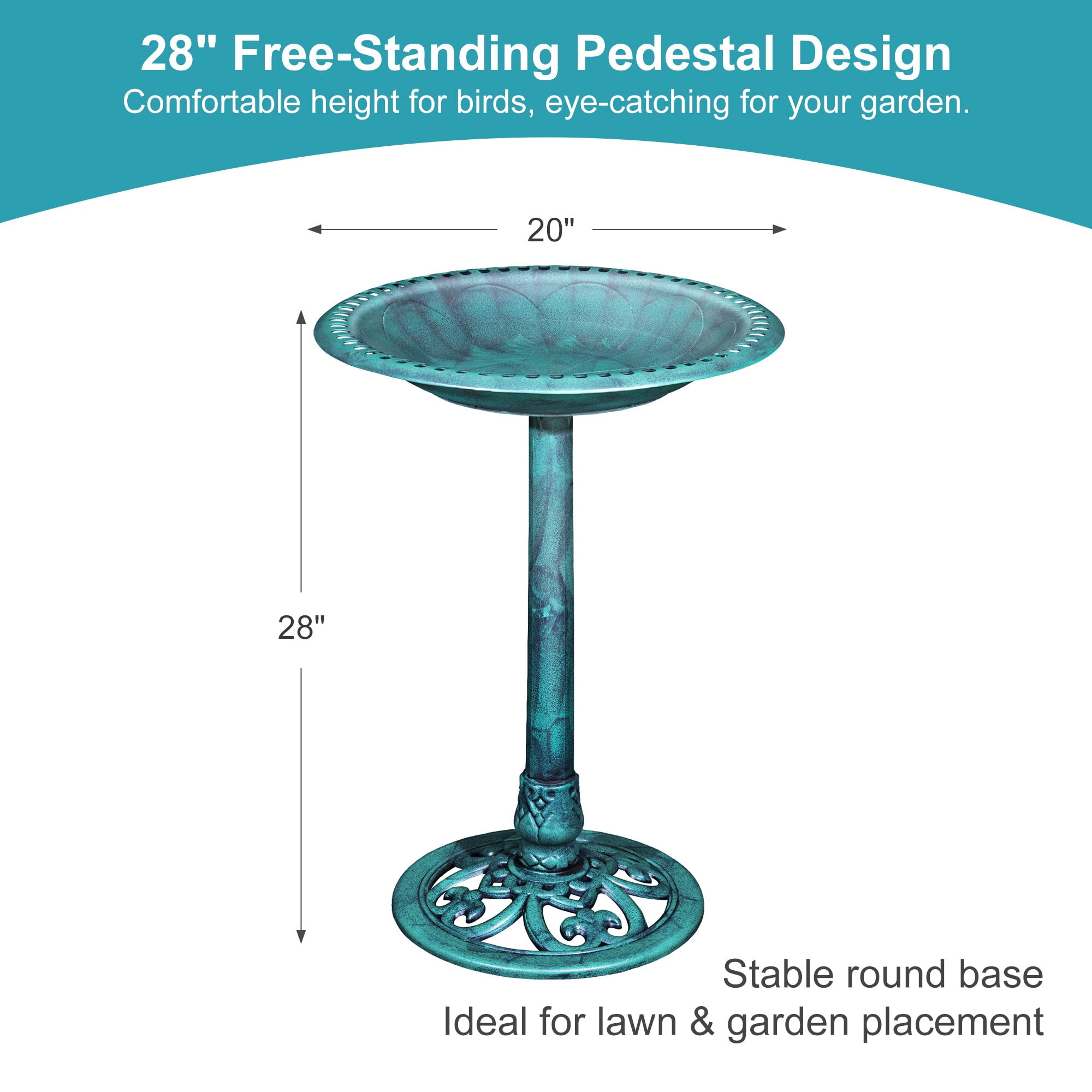 VECELO 28" Height Pedestal Birdbath Outdoor Garden Decor, Vintage Yard Art Bird Baths, Green