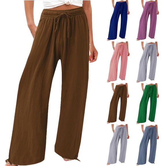 Lovzfmll Women's Wide Leg Pants, Solid Color Palazzo Trousers with Drawstring, Relaxed Fit Straight Leg Travel Pants