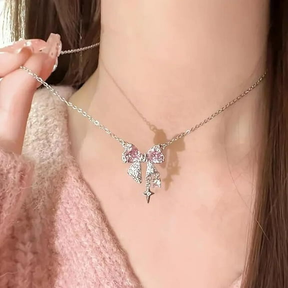 Rhinestone Gold Bow Necklace Dainty Butterfly Choker,Silver Bow Necklace Star Butterfly Pendant Chain,Sparkly Tassel Bow Jewelry For Women