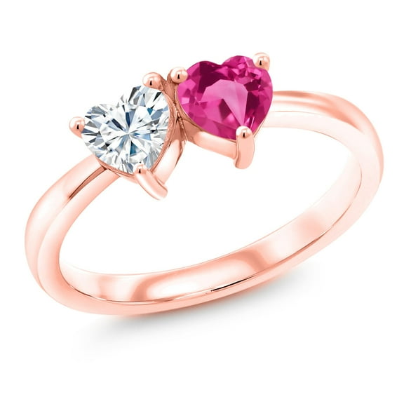 Gem Stone King 18K Rose Gold Plated Silver Fashion Right-Hand Ring Set with Heart Shape Moissanite and Created Sapphire (1.10 Cttw, Size 5)