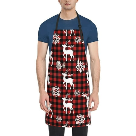 

Tebeau Plaid Reindeer Snowflakes Print Waterproof Cooking Aprons Adjustable Bib Soft Chef Apron with 2 Pockets for Men Women