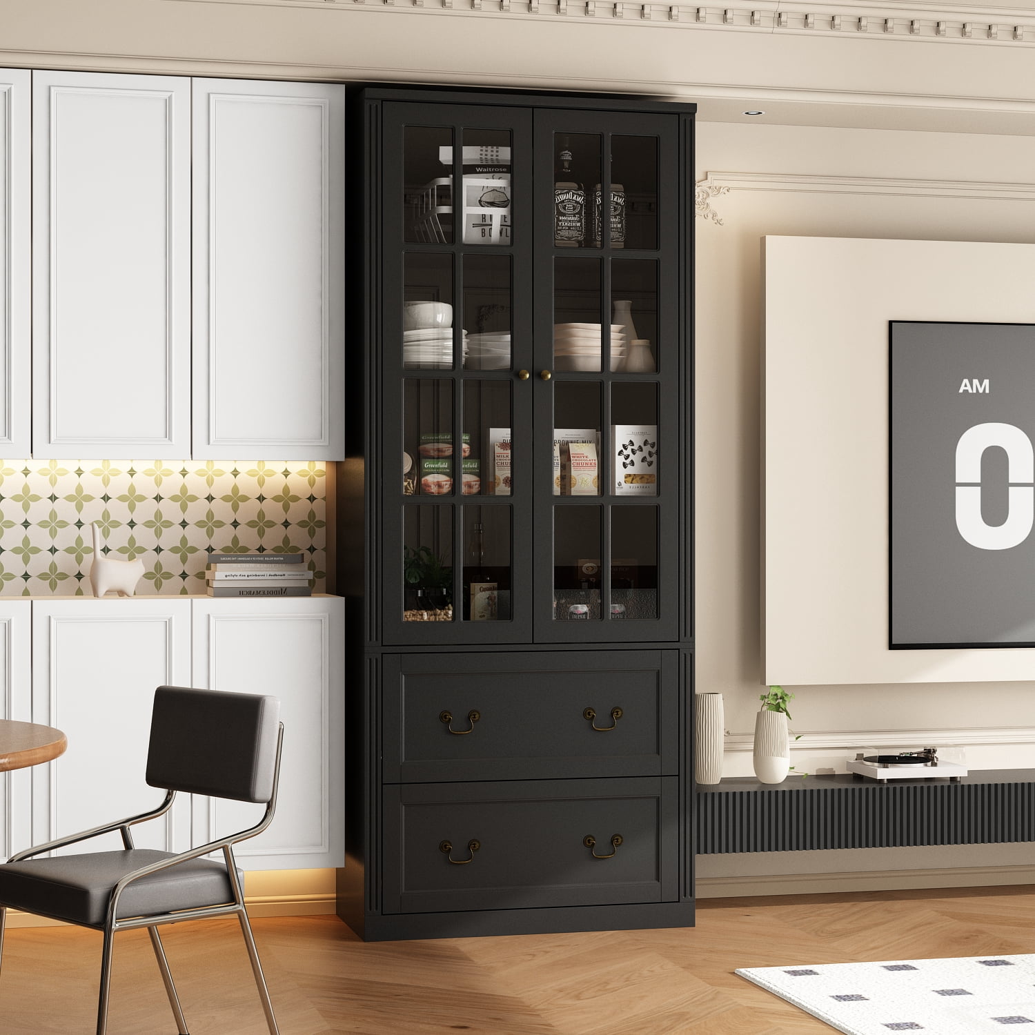 KULAGAGA Pantry Cabinet Kitchen Storage Cabinet with 2 Drawers & Glass Doors, Adjustable Shelves, Pantry and Kitchen Storage Black 15.7" D x 31.5”W x 78.7”H