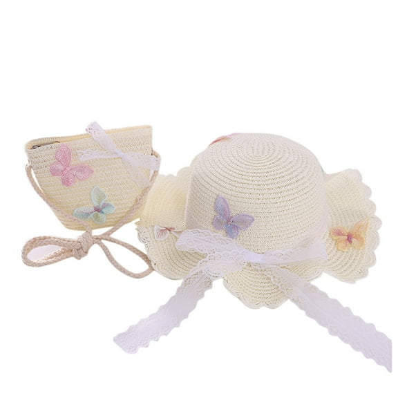 AWZXDE Children Beach Set With Straw Sun Hat And Bag Hats For Girls Sun Protection Outdoor Accessories For Ages 2 To 8 Years White