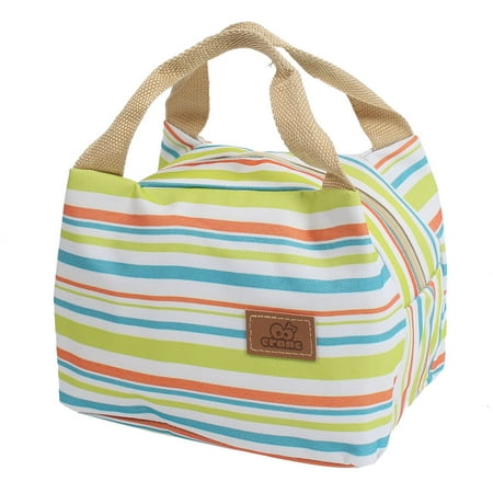 Unique Bargains Canvas Zippered Thermal Insulation Cooler Insulated Lunch Tote Bag Multicolor Stripe Green