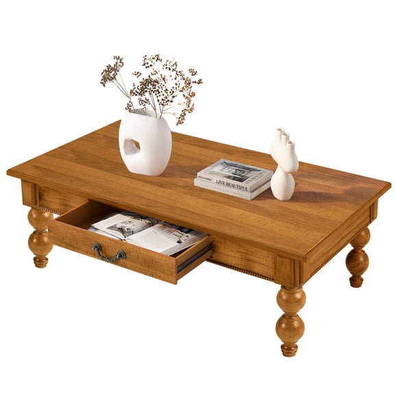 JERFIT Vintage Farmhouse Coffee Table with Storage Drawer, Natural Wood Rectangular Cocktail Table with Gourd Legs for Living Room, No-Tools Assembly
