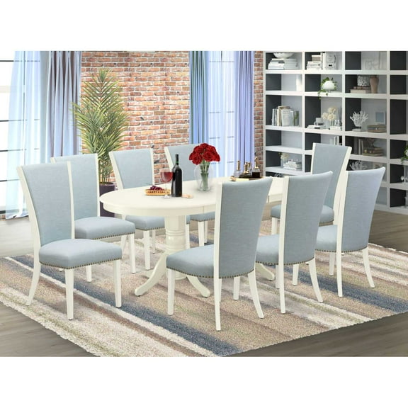 East West Furniture East-West Furniture VAVE9-LWH-15 - A wooden dining table set of 8 amazing dining room chairs with Linen Fabric Baby Blue color and a gorgeous double pedestal 17 butterfly leaf...