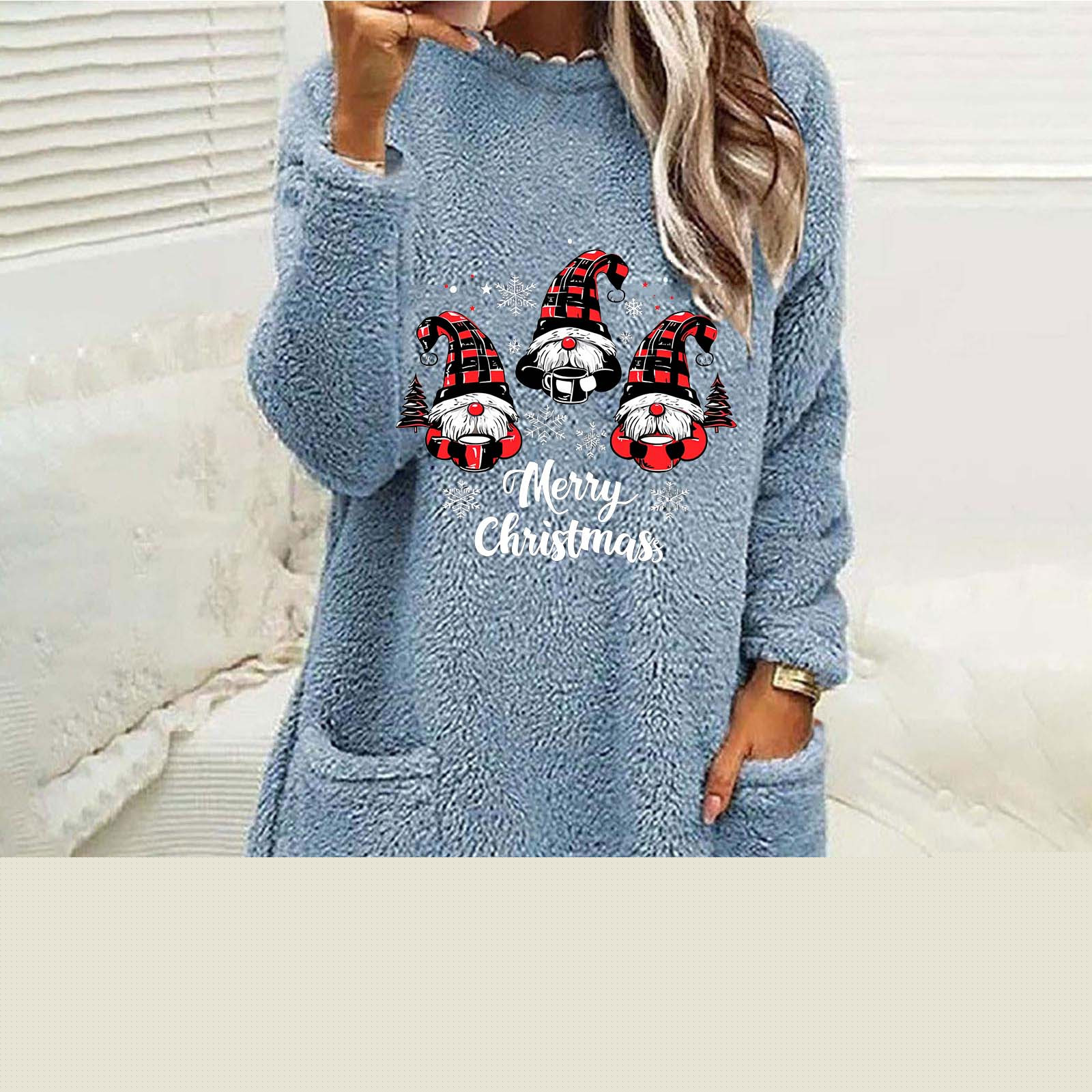 thumbnail image 2 of Jsaierl Women's Christmas Fleece Shirts Plus Size Christmas Graphic Tees Classic Crewneck T-shirt Short Sleeve Tunic Blouse Tops Christmas Gifts, 2 of 5
