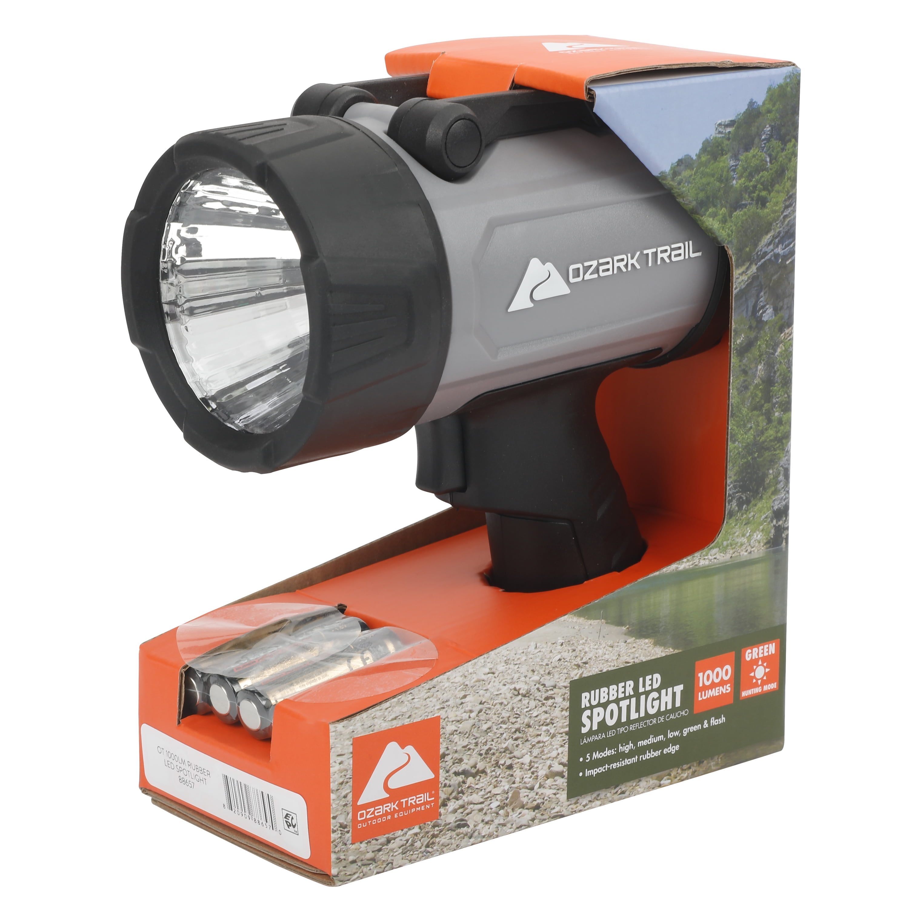 Ozark Trail 1000 Lumen LED Spotlight with Rubber Bumpers with Green Hunting Flashlight Light, AA Battery