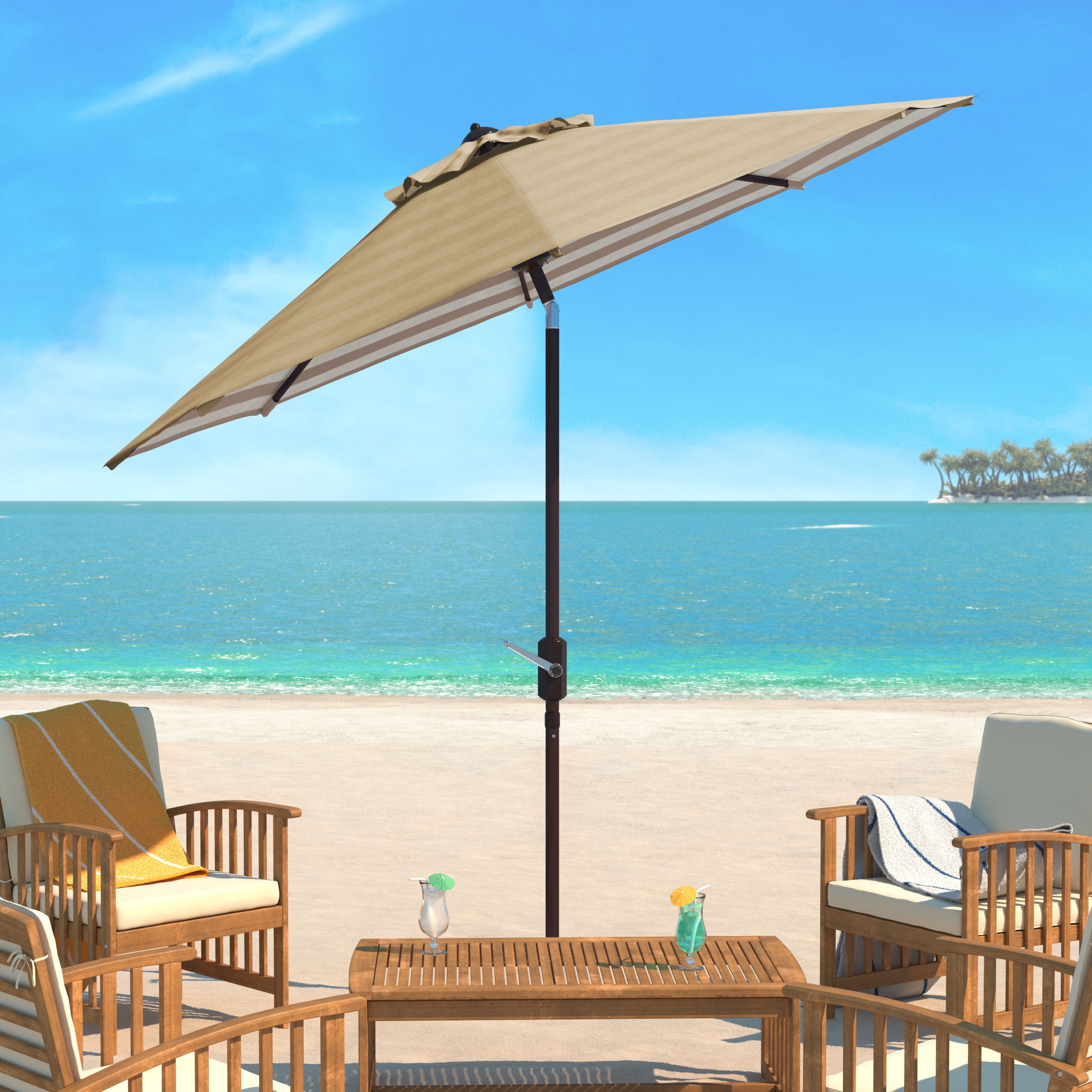 SAFAVIEH Athens 11' Market Crank Round Patio Umbrella, Beige
