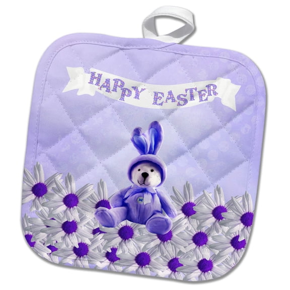 3dRose, Bear Dressed in Bunny Costume Sitting on Daisies, Happy Easter, Purple, 8x8 Potholder