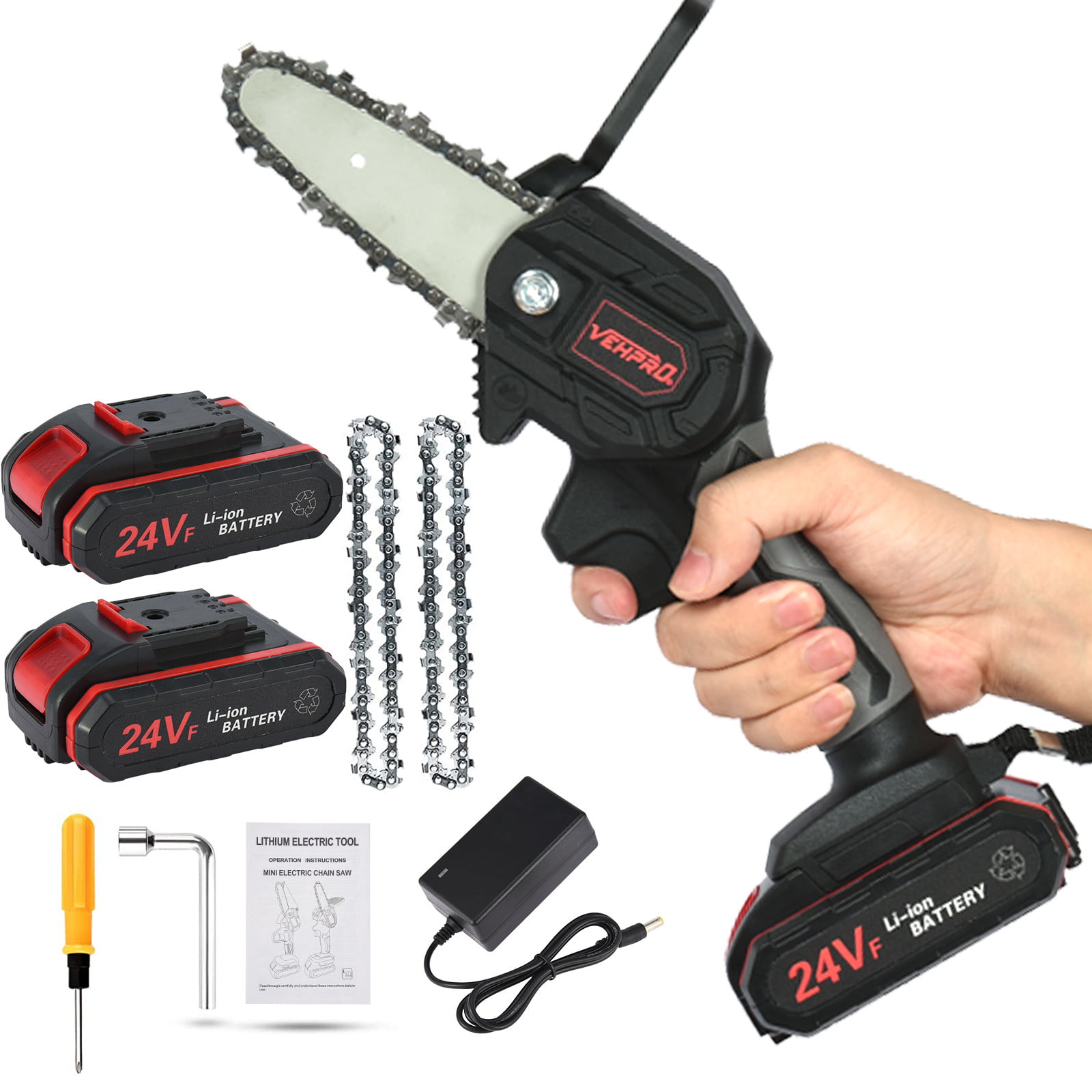 Cordless Electric Chain Saw Wood Cutter Mini One-Hand Saw Woodworking w/ Battery