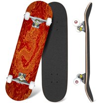 31'' Complete Skateboard 7 Layer Canadian Maple Double Kick Deck Skateboards Playful Asian dragon fire Gold contour red Seamless Skate Board for Beginner Adult Gifts