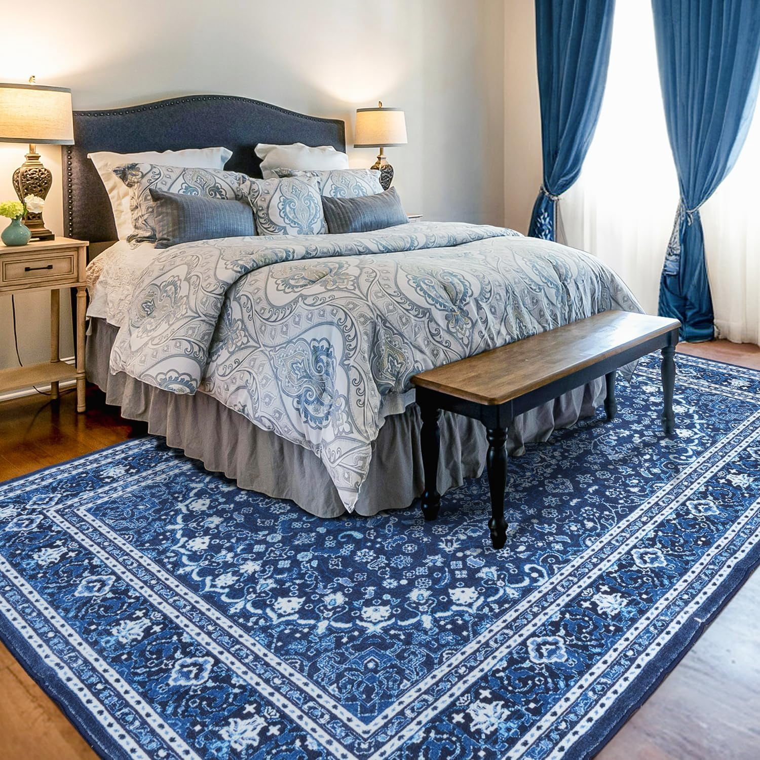 Reepow 9x12 Faux Wool Machine Washable Large Vintage Boho Floral Medallion Non-Slip Rubber Low Pile Area Rug for Living Room Bedroom Office,Blue White
