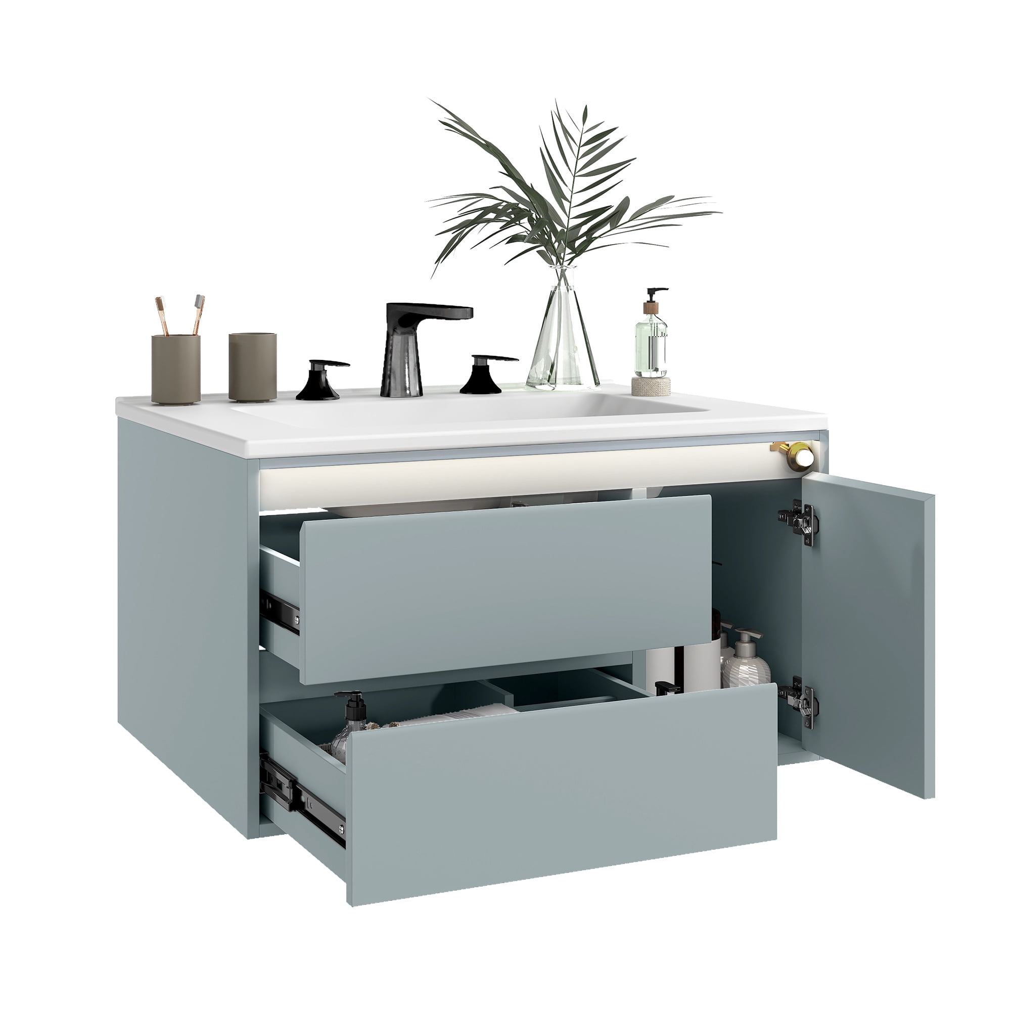 Uforic 31" LED Floating Vanity with Sink, Grey Bathroom Vanity with Sensor Light & Mirror, Wall Mounted Bathroom Storage Cabinet with 2 Large Drawers & Door