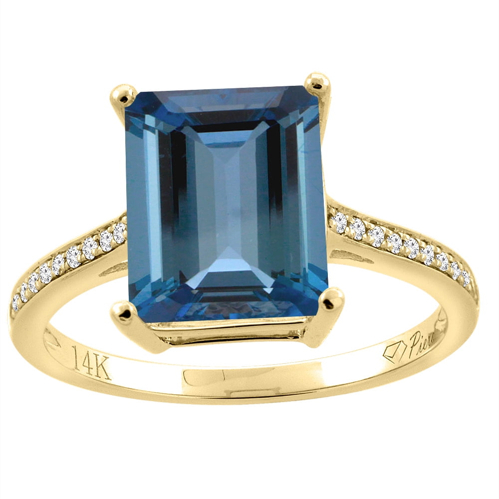 14K Gold Natural London Blue Topaz Ring Octagon 10x8 mm Diamond Accents, sizes 5 10 by WorldJewels