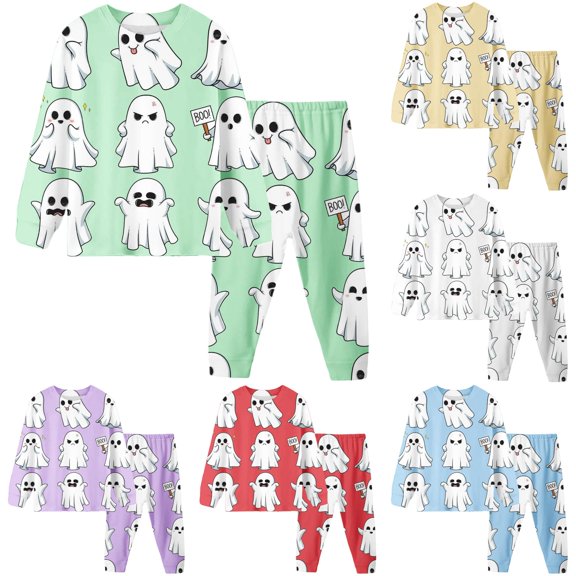 JCCXIN Baby Girls Pajamas Halloween Sleepwear Long Sleeve Crew Neck Top And Pants 2 PC Sleep Set Ghost Graphic Soft Fall Winter Casual Daily Homewear Cozy Nightwear,Light Green,4-5 Years