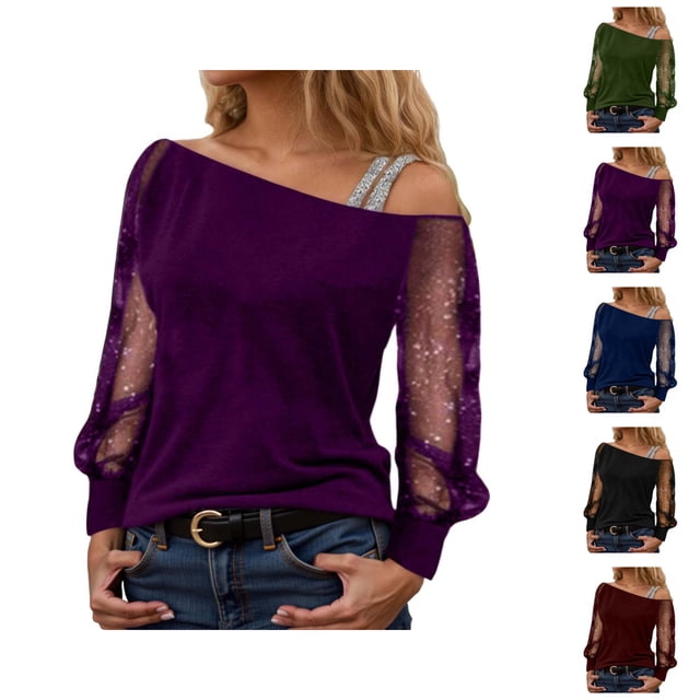 Sparkly Tops for Women 2026 Spring Fashionable Y2K Long Sleeve Off Shoulder Mesh T Shirt Going out Top Rave Outfits