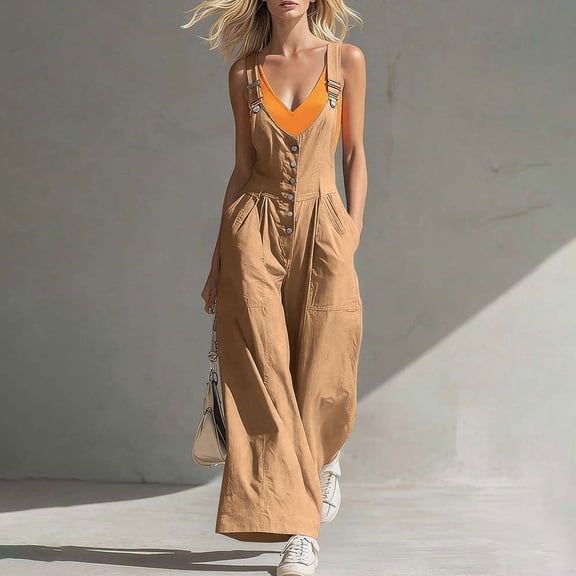 Women Wide Leg Overalls Adjustable Strap Casual Cargo Jumpsuit Loose Fit Romper with Pockets Breathable Lightweight Summer One Piece Versatile Daily Wear