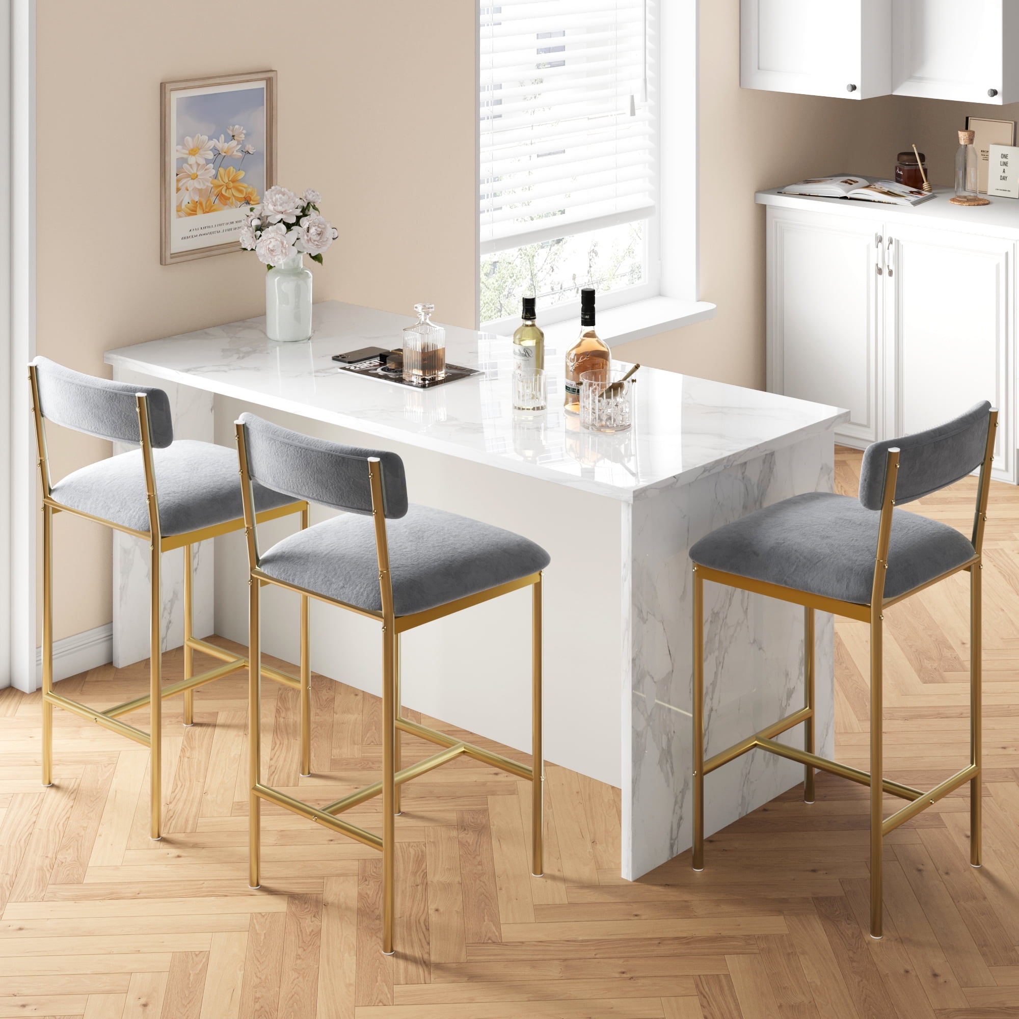 Bar Stools Set of 2, Upholstered Height Bar Stools with Backrest and Footrest, Kitchen Barstools for Island, Counter Bar, Easy Assembly, Gold + Velvet Gray