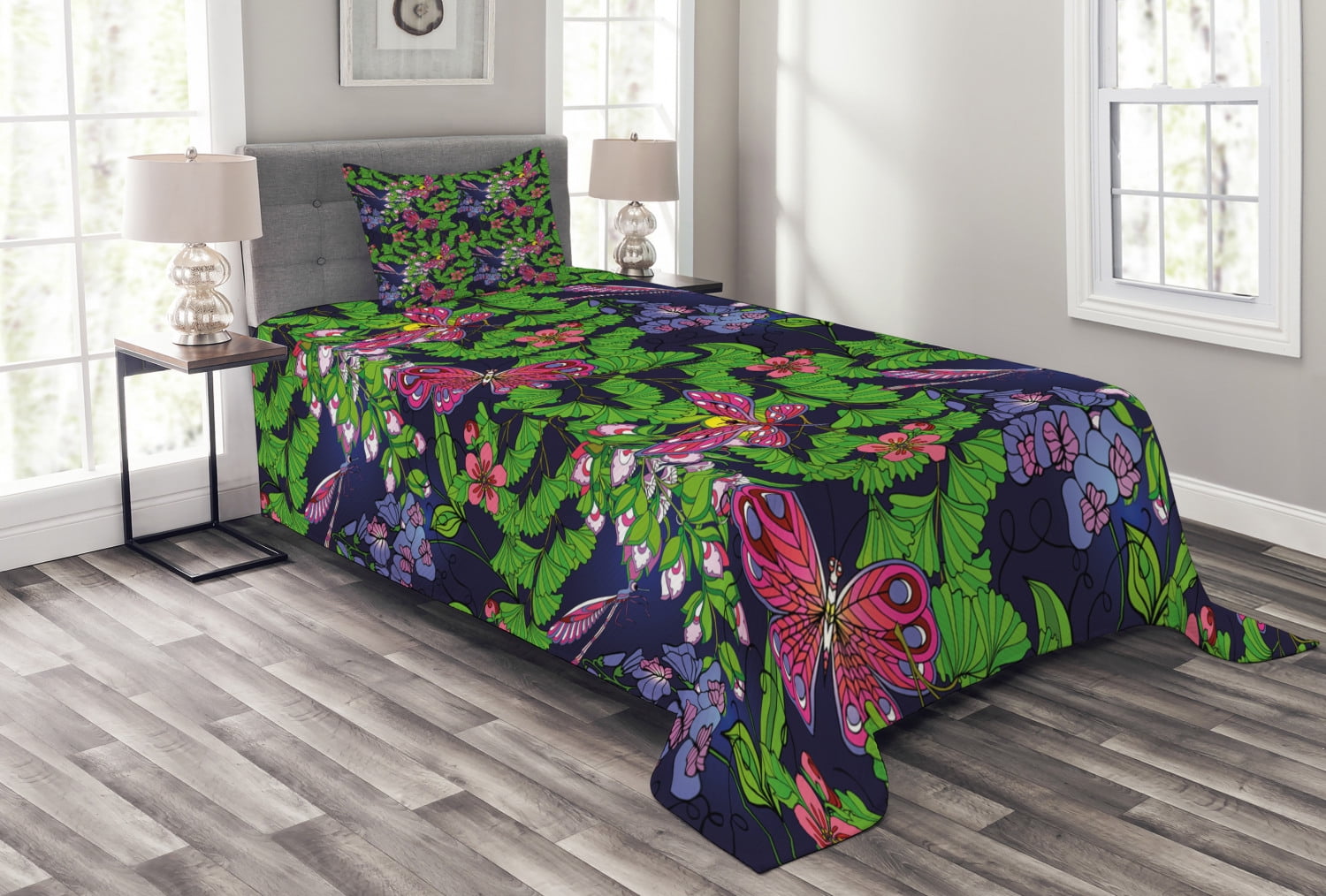 Flower Bedspread Set, Tropical Vivid Petal Leaf Butterfly Dragonfly