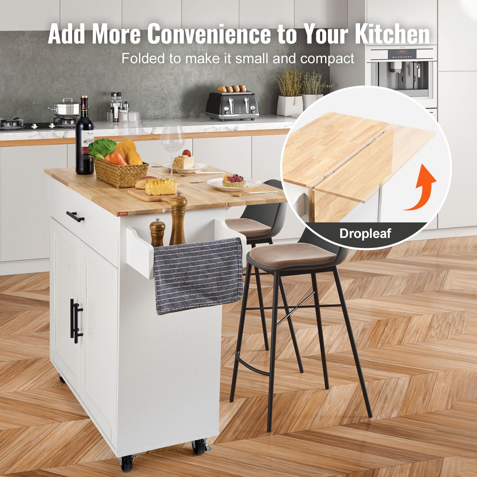 VEVOR Kitchen Island Cart with Solid Wood Top, 35.4" Width Mobile Carts with Storage Cabinet, Rolling Kitchen Table with Spice Rack, Towel Rack, Drop Leaf and Drawer